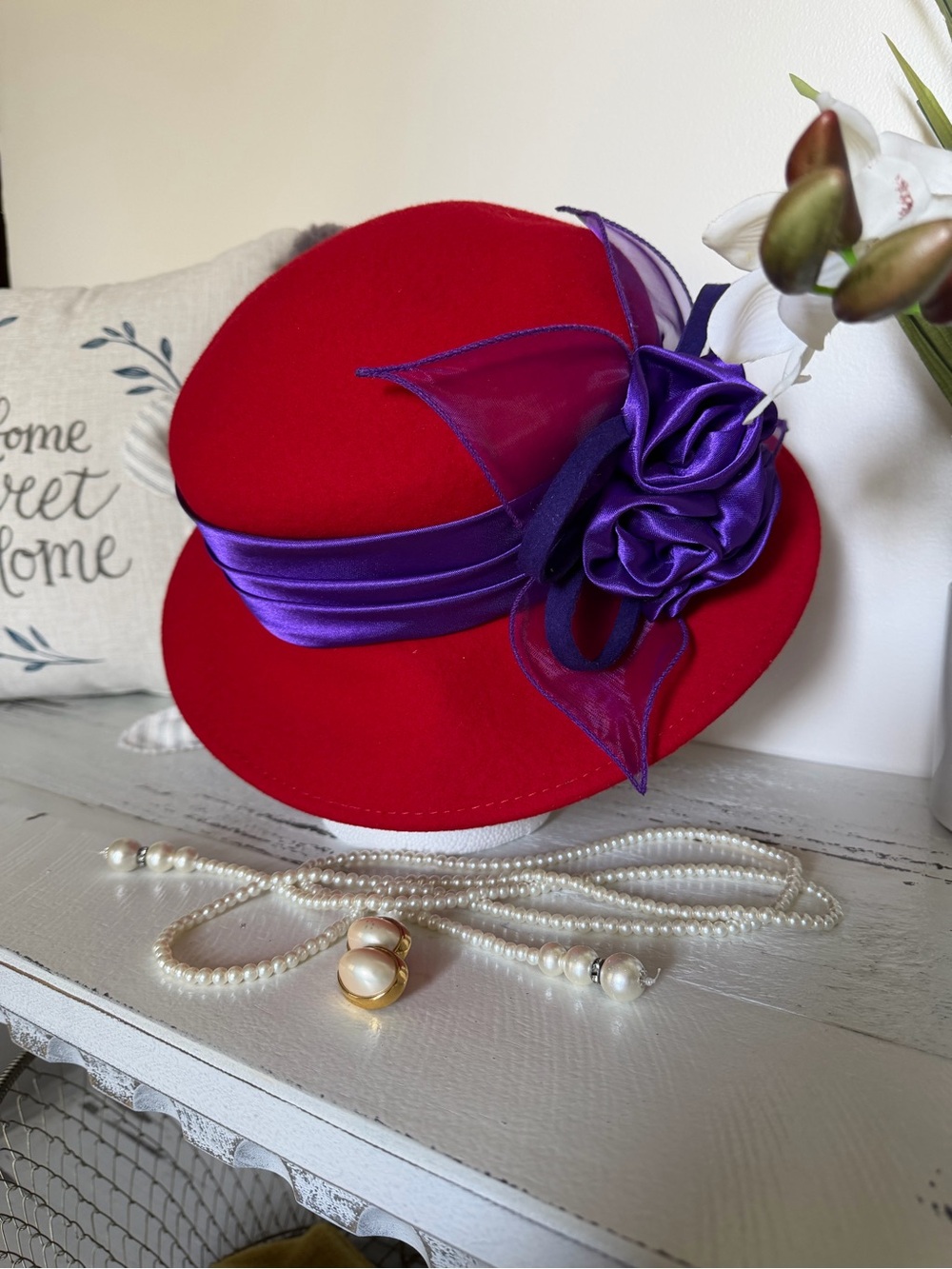 Red Women's Wool Dress Hat with Purple Satin Band and Flower and jewelry